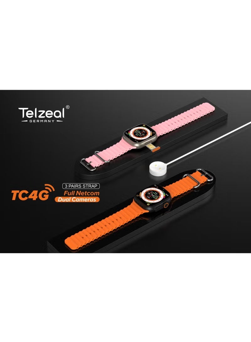 Telzeal TC4G Full Screen Smart Watch with Dual Camera, SIM Card Support & Full Netcom, Waterproof Design, 3 Pair Straps + Wireless Charger, for Ladies & Gents (Black) - Image 4